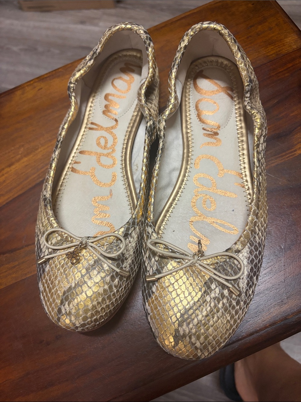 Sam Edelman Gold Snake-Print Round-Toe Ballet Flats